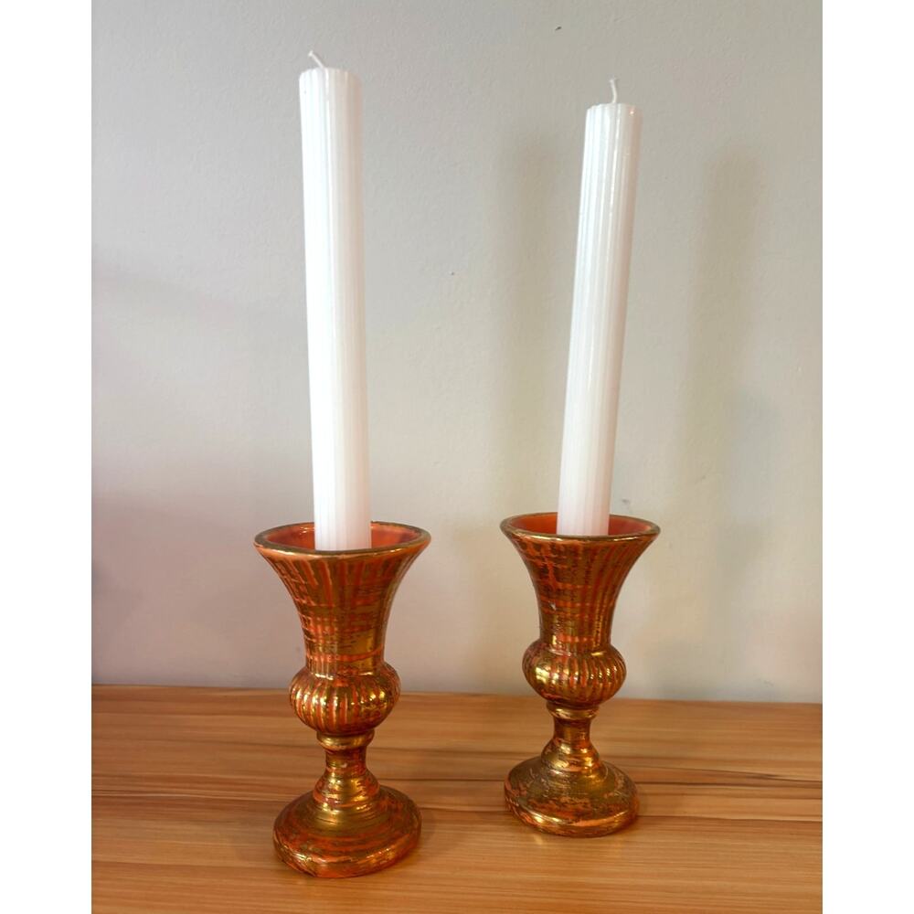 Vintage Royal Haeger USA #312 Tapered Candle Stick Holders Orange Gold Speckled